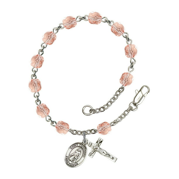 Bonyak Jewelry 18 Inch Rhodium Plated Necklace w/ 6mm Light Rose Pink October Birth Month Stone Beads and Saint Peregrine Laziosi Charm 